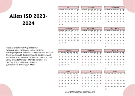 Allen ISD Calendar with Holidays 2023-2024