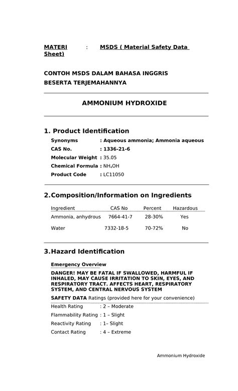 SOLUTION: Msds nh4oh english - Studypool