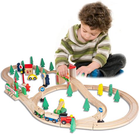 Amazon.com: FUNPENY 60 Pcs Colorful Wooden Train and Track Sets,Train ...