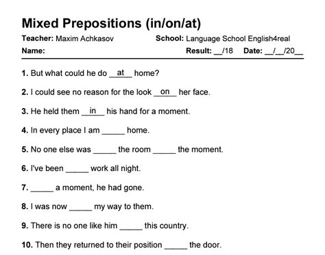 Mixed Prepositions | English grammar fill in the blanks exercises with answers in PDF