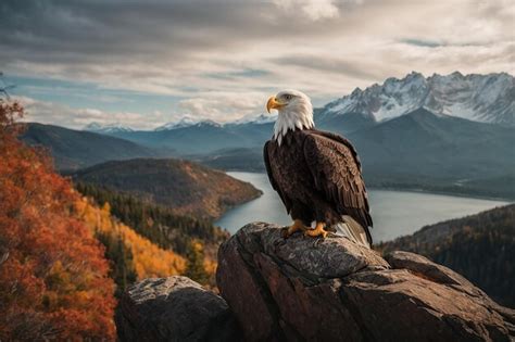 Premium AI Image | Bald Eagle perched a top rocky cliff with mountain background