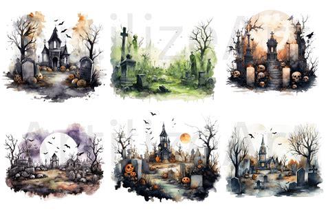 Watercolor Halloween Graveyard Clipart Bundle Png Halloween Junk ...