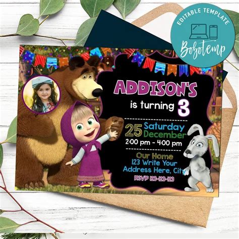 Editable Masha and the Bear Invitation With Photo Instant Downloa ...