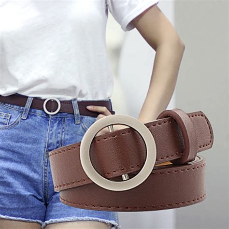 Gold Round Buckle Belts Female Casual Jean Silver Without Pin Metal Buckle Brown Faux Leather ...