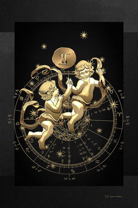 Western Zodiac - Golden Gemini - The Twins on Black Canvas Digital Art ...