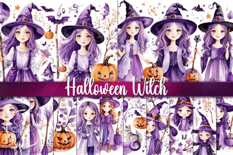 Cute Purple Halloween Witch Backgrounds Graphic by Summer Digital Design · Creative Fabrica