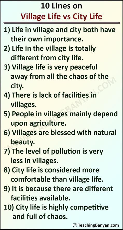 10 Lines on Village Life vs City Life for Students of Class 1, 2, 3, 4, 5, 6