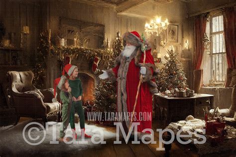 Santa Digital Backdrop - Santa in Nostalgic Scene with Fireplace and Christmas Tree - Soft ...