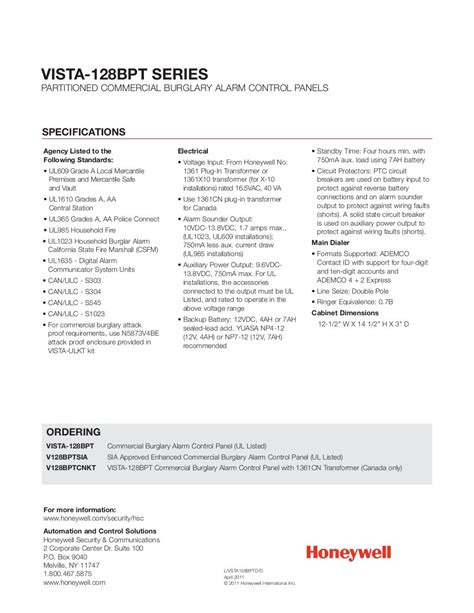 Honeywell Vista 128BPT Datasheet