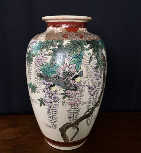 Japanese pottery satsuma vase, wisteria & birds, c.1890 | Moorabool Antiques Galleries