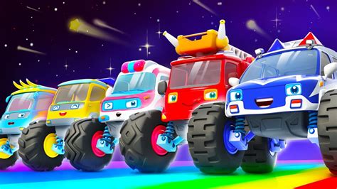 Five Monster Trucks | Learning Vehicles | Number Song | Fire Truck, Police Car | Kids Song ...