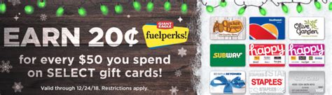 Giant Eagle FuelPerks Gift Card Promotion: Earn 20 cents Fuel Perks w/ $50 GC Purchase