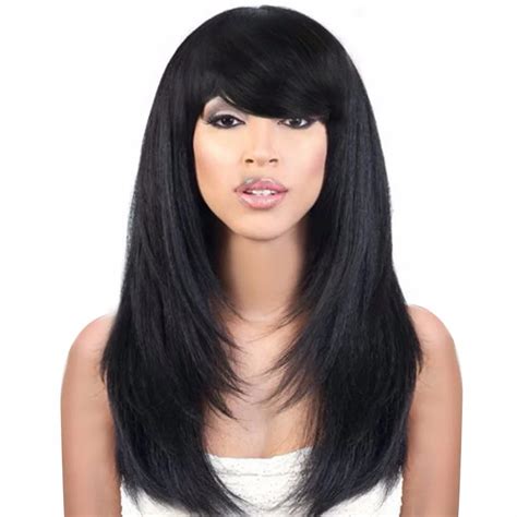 Deyngs Yaki Straight Synthetic Bob Cut Wigs with Bangs Black Wig for Women Heat Resistant ...