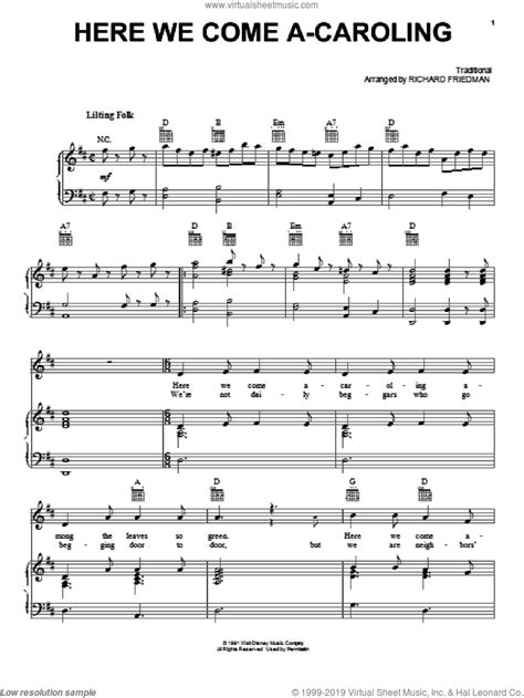 Here We Come A-Caroling sheet music for voice, piano or guitar