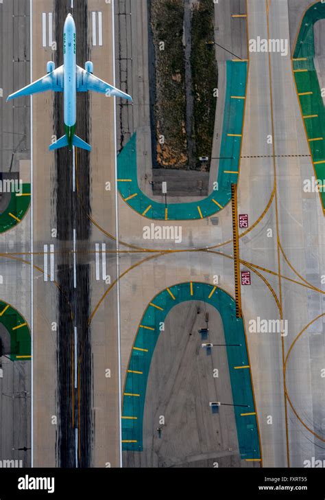 Aerial view, LAX, Los Angeles International Airport, runway, blasting ...