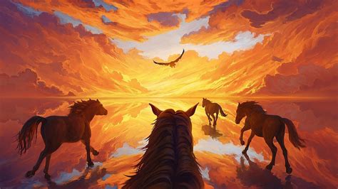 Download Reflection Sunset Running Fantasy Horse HD Wallpaper