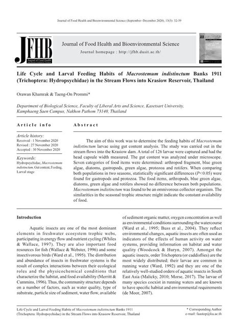 Life Cycle and Larval Feeding Habits of Macrostemum Indistinctum Banks 1911 (Trichoptera ...