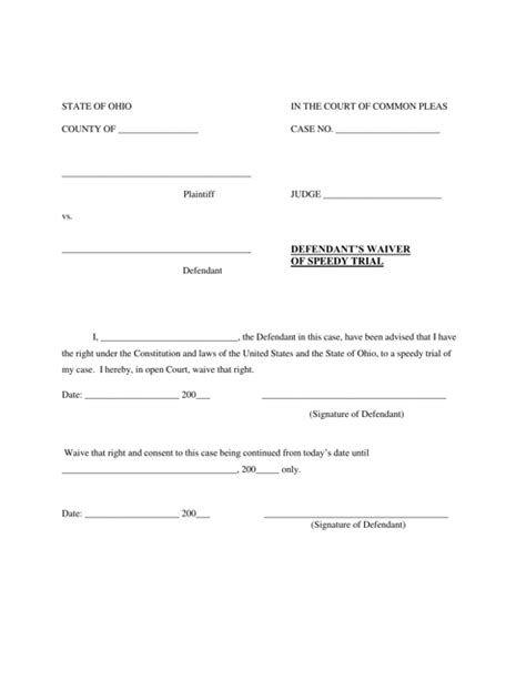 Ohio Defendant's Waiver of Speedy Trial - Fill Out, Sign Online and ...