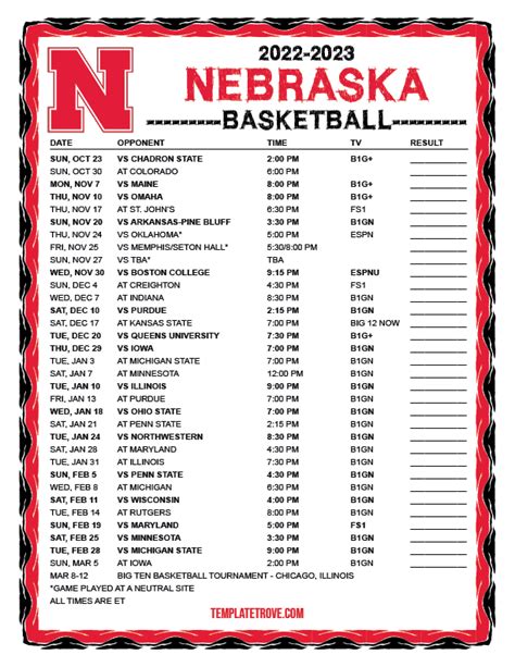 Printable 2022-2023 Nebraska Cornhuskers Basketball Schedule