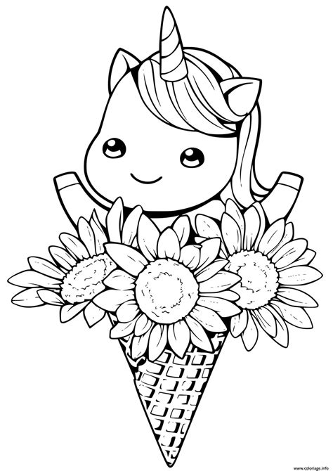 Coloriage licorne kawaii cone fleurs - JeColorie.com