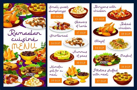 Ramadan cuisine menu, Iftar food Islam meals 23503292 Vector Art at ...