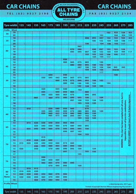 Tire Chain Sizing Chart