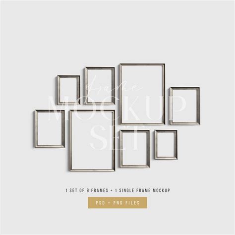 Vintage Silver Metallic Frame Mockup Set of 8 Vertical Frames 5:7, 3:4 PSD + PNG | Gallery wall ...