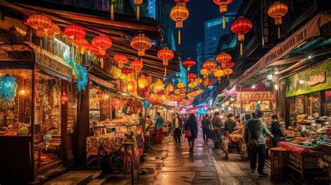 A bustling night market filled with colorful stalls and illuminated by vibrant lanterns