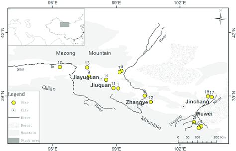 Study area and investigated sites in Hexi Corridor: 1. Xihetan; 2.... | Download Scientific Diagram