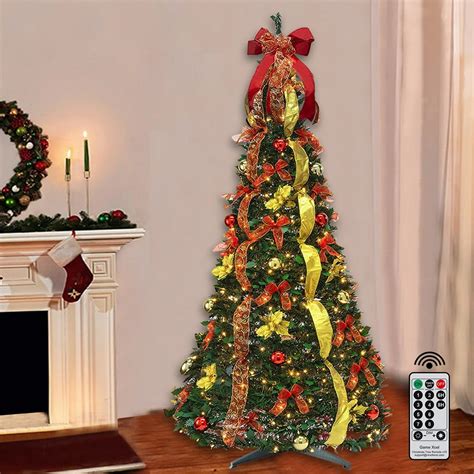 Christmas Fully Decorated Pre-Lit 200LED Warm Lights 6FT Pop-Up Christmas Tree Red Gold Pop Up ...