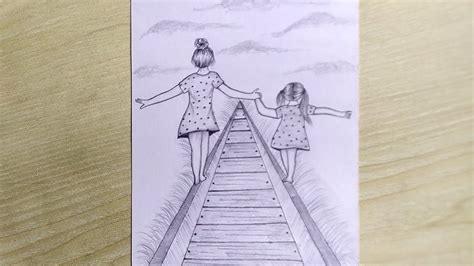 Two Sisters Walking on a Railway Scenery || Pencil Sketch Drawing Step ...