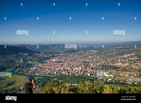 Aerial view over the town of Millau with the famous Millau Viaduct or ...