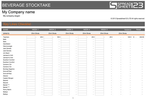 Beverage Stocktake Template for Excel