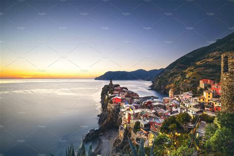 Vernazza at sunset cinque terre stock photo containing vernazza and ...