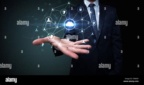 Businessman holding networking connection concept with dark wallpaper Stock Photo - Alamy