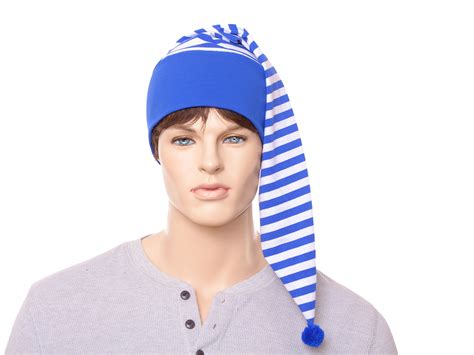 Night Cap Royal Blue White Striped Cotton Nightcap with Pompom Adult Men Women Pirate Chemo Hat ...