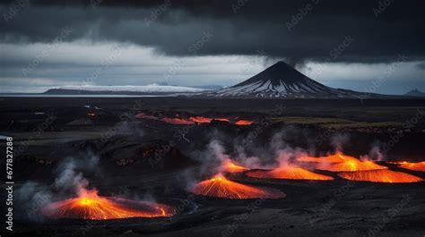 Molten lava flowing from volcano crater Fagradalsfjall eruption Iceland ...