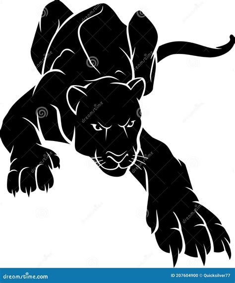 Crouching Black Panther Ink, Full Length Silhouette Stock Vector ...