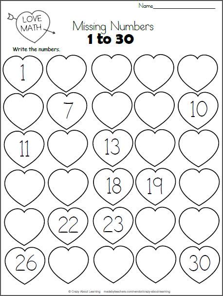 Valentine's Day Missing Numbers to 30 | Made By Teachers | Valentine worksheets, Math valentines ...