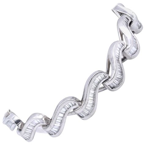 Platinum Diamond Baguette S-Link Tennis Bracelet For Sale at 1stDibs