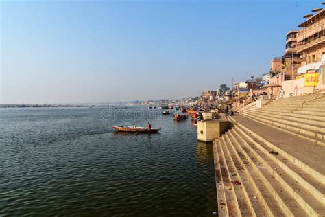 Morning View of Ganges River and Ghats with Boats and People in ...