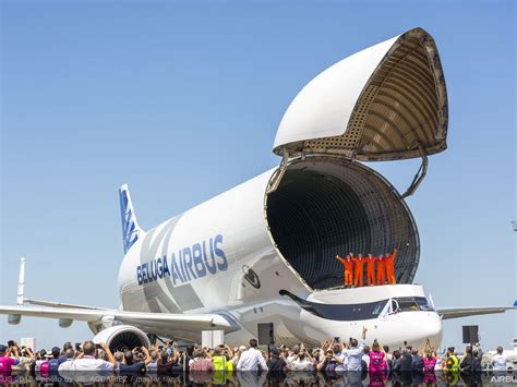 The Airbus Beluga XL cargo plane with its cargo door open : HumansForScale