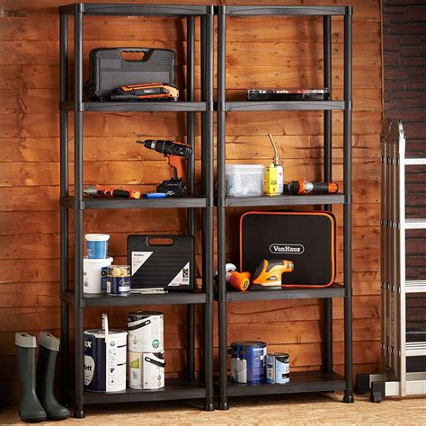 VonHaus 3 Tier Garage Shelving Unit - Heavy Duty Black Plastic Interlocking Free Standing ...