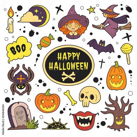 Happy Halloween patches collection. Vector illustration of funny ...