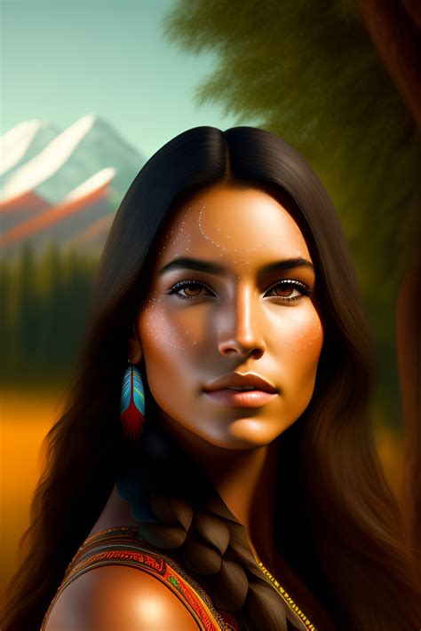 Lexica - Native american young woman portrait in 3d digital art with trees in the background ...