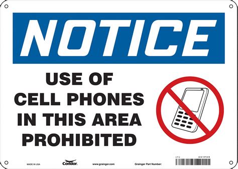 CONDOR Safety Sign Cell Phone, Use Of Cell Phones In This Area Prohibited, Sign Header Notice ...