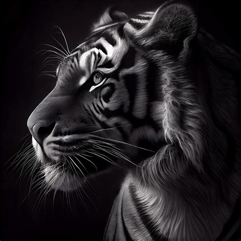 Black and white portrait of a tiger on a black background. 3d rendering ...