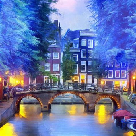 Night Amsterdam Canvas Night light Amsterdam sunset River in the city Bridges Boats on the river ...