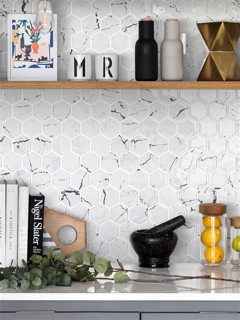 White Hexagon Marble Look Glass Mosaic Backsplash Tile