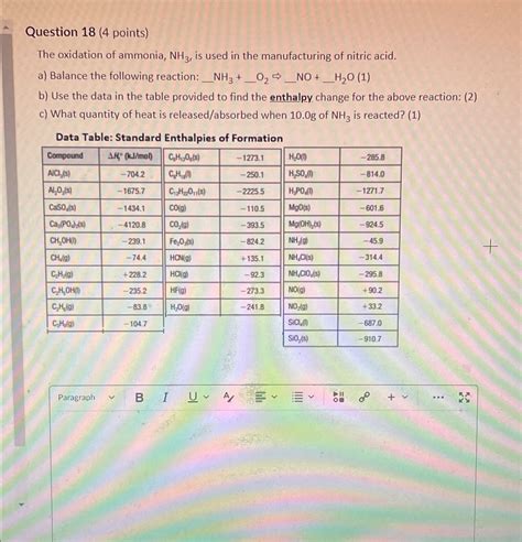 Solved Question 18 (4 ﻿points)The oxidation of ammonia, NH3, | Chegg.com